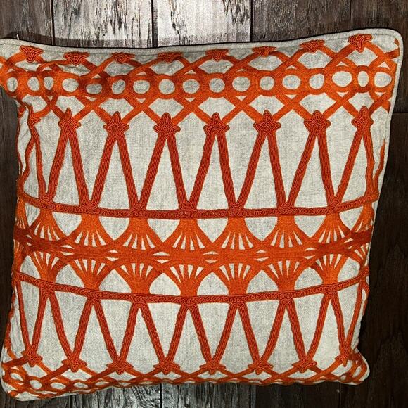 Classic Concepts Linen Pillow Orange Geometric Embroidered Deco Duck Feather 19" - Picture 2 of 12